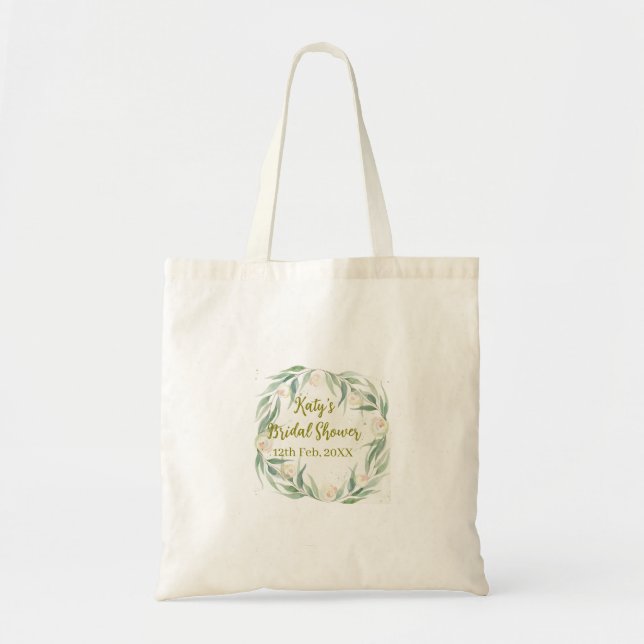 Bolsa Tote Chuva floral de eucalipto verde nome data vai (Frente)