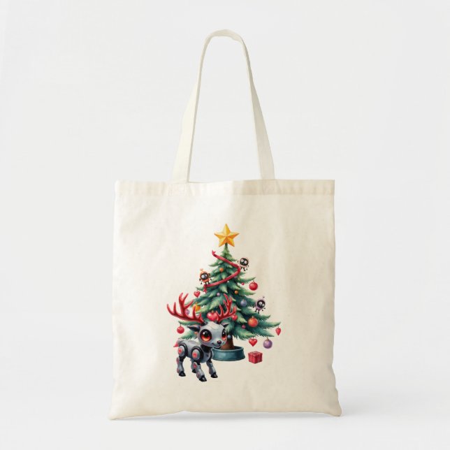 Bolsa Tote Ciberpunk Reindeer bonito com Árvore de Natal (Frente)
