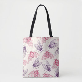 Bolsa Tote Cicada Botanical Pattern Cream Pink Purple
