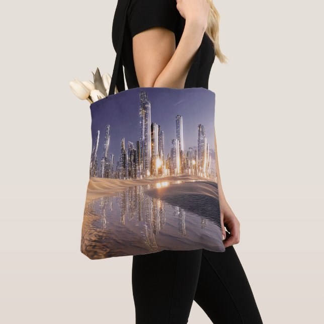 Bolsa Tote Cidade Futurista de Ficção Científica Refletida na (Close Up)