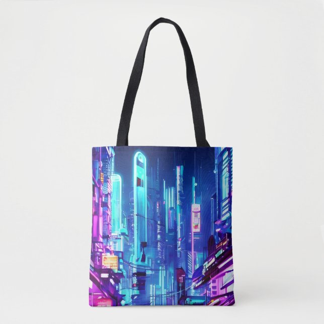 Bolsa Tote Cidade Neon Futurística Cyberpunk (Frente)