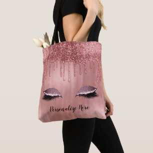 Bolsa Tote Cílios com Brilho em Dourado Rosa com Gotas Rosada