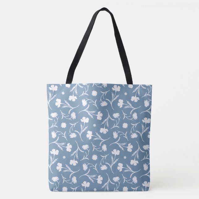 Bolsa Tote Cinza Azul Branco Liberdade Padrão Floral Elegante (Frente)
