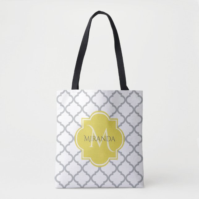 Bolsa Tote Cinza Branca Quatrefoil Amarelo Nome Monograma (Frente)