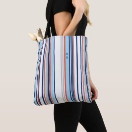 Bolsa Tote Cinza Branca Vermelha Azul Moderna Stripes Monogra