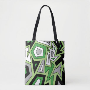 Bolsa Tote Cinza Branco Verde Preto Aro Geométrico Abstrato