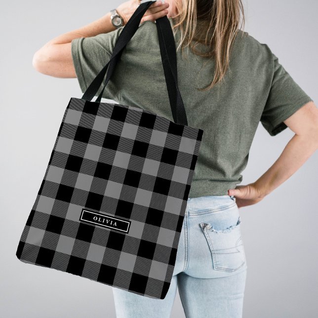 Bolsa Tote Cinza Buffalo Xadrez Patterno Monograma Bridesmaid (Criador carregado)