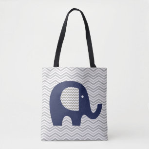 Bolsa Tote Cinza Chevron Stripe Marinho Elefante Azul Padrão
