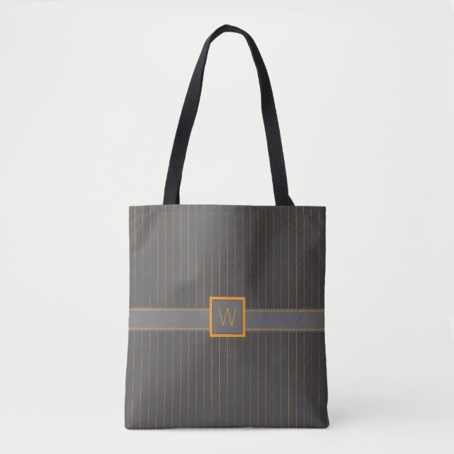 Bolsa Tote Cinza com faixa laranja Pinstripes All-Over-Impres (Frente)