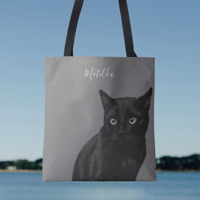 Bolsa Tote Cinza de Arte Preta Personalizada (Just add your name to this cute cat tote bag. Purrfect!)