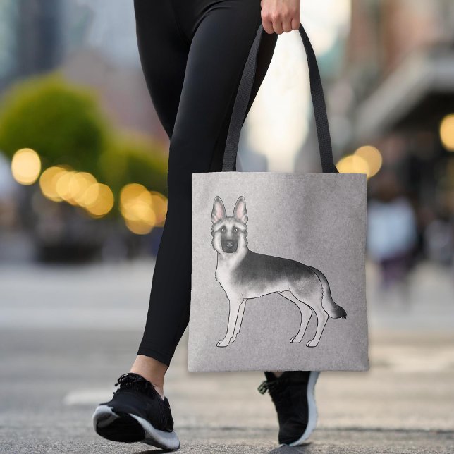 Bolsa Tote Cinza de desenho animado com German shepherd de pr (Please note: This image is a digital mockup. The product may not be in scale.)