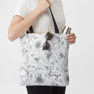 Bolsa Tote Cinza de Padrão Floral de Contorno Descrito/Wht ID