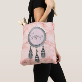Bolsa Tote Cinza Dreamcatcher no Mármore Rosa Personalizado