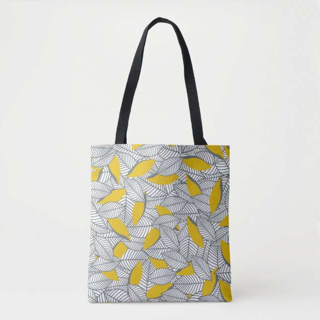 Bolsa Tote Cinza e folha amarela. (Frente)