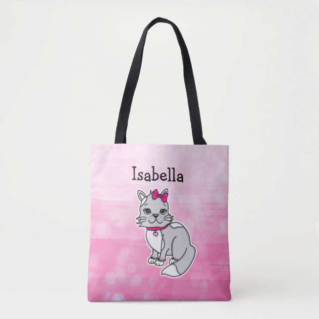 Bolsa Tote Cinza e Gato Branco, Rosa Personalizado (Frente)