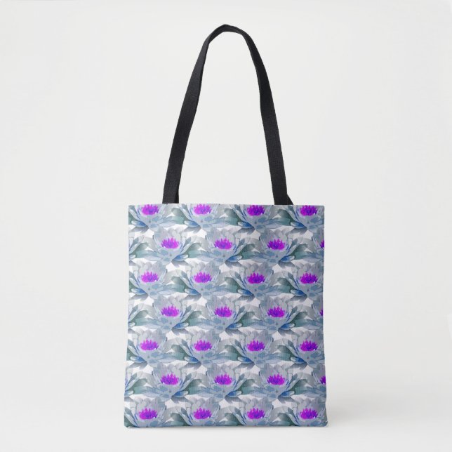 Bolsa Tote Cinza e padrão de flores roxas (Frente)