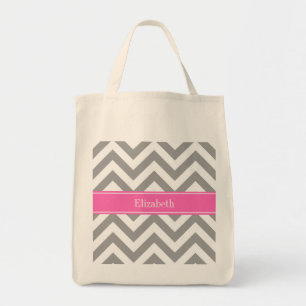 Bolsa Tote Cinza Escura Lg Chevron Rosa Quente #2 Nome Monogr