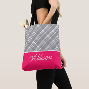 Bolsa Tote Cinza Grande Xadrez E Saco De Toque Rosa