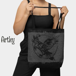 Bolsa Tote Cinza Negra Grunge Raven Gothic Tattoo Art