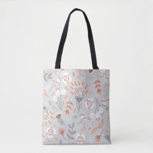 Bolsa Tote Cinza Pastel Laranja Floral: Elegância Vintage