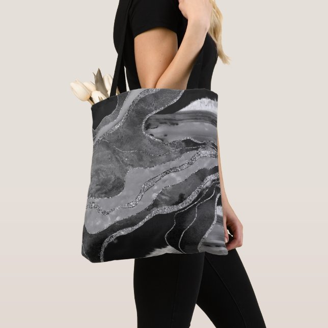 Bolsa Tote Cinza Preto Marble Agate Silver Glitter Glam  (Close Up)