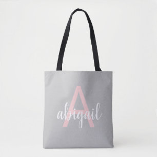 Bolsa Tote Cinza Rosa Elegante Nome do Monograma Moderno