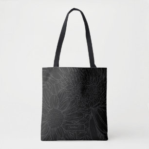 Bolsa Tote Cinza sobre Preto com Nome e Crisântemos