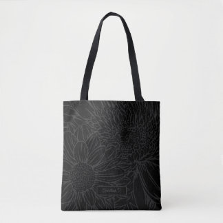 Bolsa Tote Cinza sobre Preto com Nome e Crisântemos
