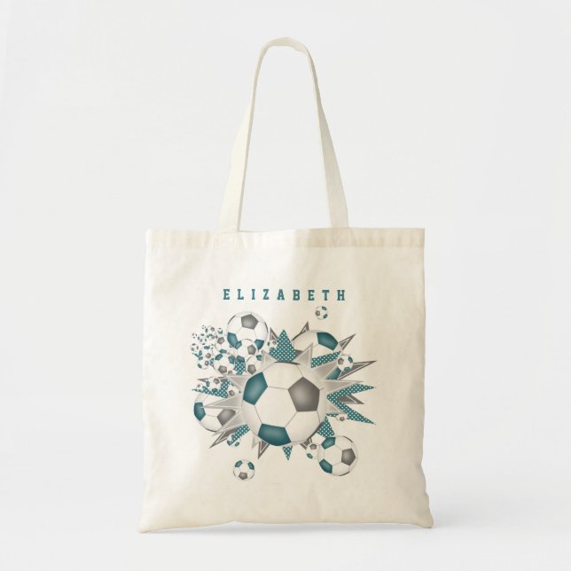 Bolsa Tote cinza teal bolas de futebol estrelas nomes garotas (Frente)