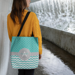 Bolsa Tote Cinza Teal Chevron Quatrefoil