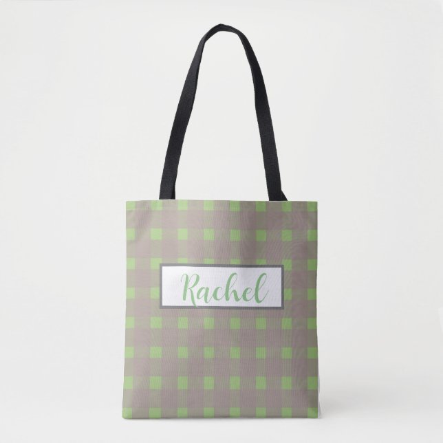 Bolsa Tote Cinza Verde Gingham Personalizado (Frente)