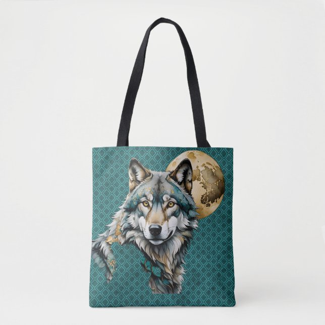 Bolsa Tote Cinza Wolf & Dourada Moon Teal (Frente)