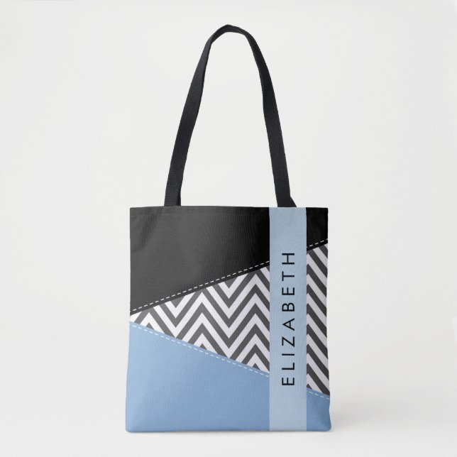Bolsa Tote Cinza Zigzag, Cinza Chevron, Azul, Seu Nome (Frente)