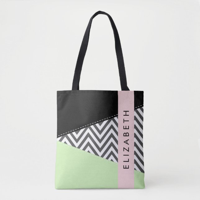 Bolsa Tote Cinza Zigzag, Cinza Chevron, Mint, Seu Nome (Frente)