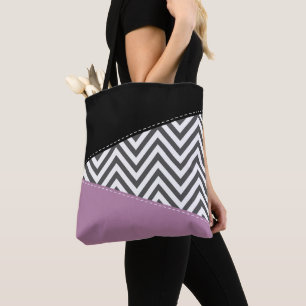 Bolsa Tote Cinza Zigzag, Cinza Chevron, Zigzag Patterno, Roxo