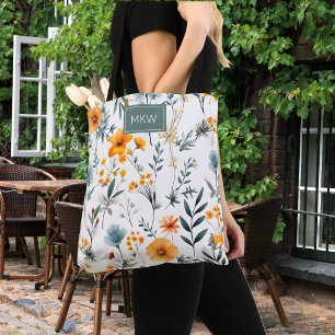 Bolsa Tote Cinzas Boêmicas, Sage e Monograma Floral Dourado