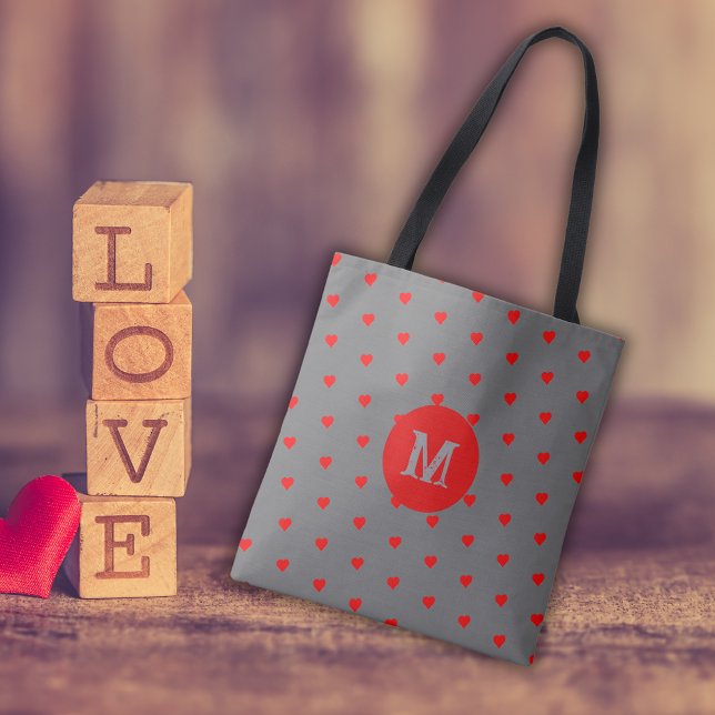 Bolsa Tote Cinzas com Corações Vermelhos Monograma (Criador carregado)