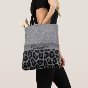 Bolsa Tote Cinzas de Glitter e Leopardo Negro
