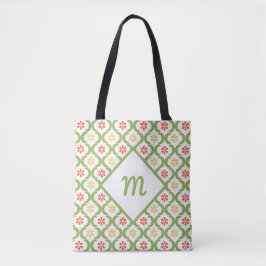 Bolsa Tote Cinzas e Monograma de Quatrefoil Verde Girly