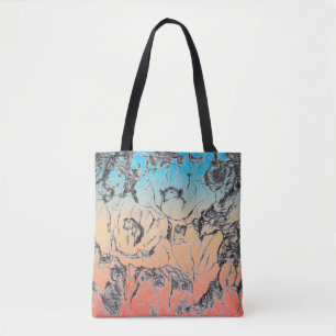 Bolsa Tote Cinzas esculpidas flores vermelhas pretas papoilas