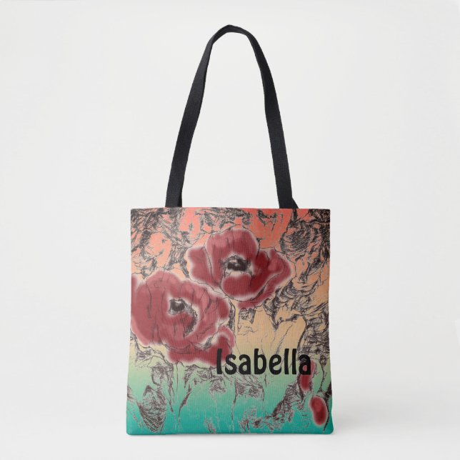 Bolsa Tote Cinzas esculpidas flores vermelhas pretas papoilas (Frente)