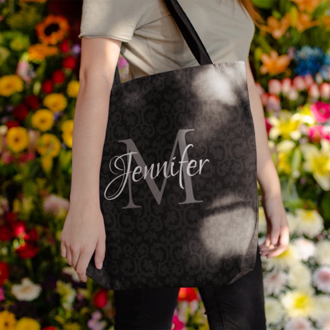 Bolsa Tote Cinzas Pretas Glamorosas e Monograma Branco (Black Grey and White Monogram Tote Bag)