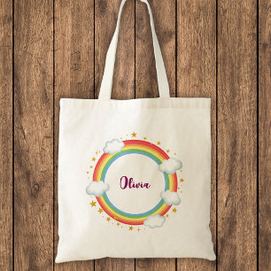 Bolsa Tote Círculo de Meninas Moldura de Nome Arco-íris