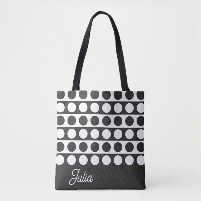 Bolsa Tote Círculo Elegante Preto e Branco em Linha de Faixa (Frente)