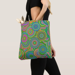 Bolsa Tote Círculos abstratos em mod retro, verde e laranja-v