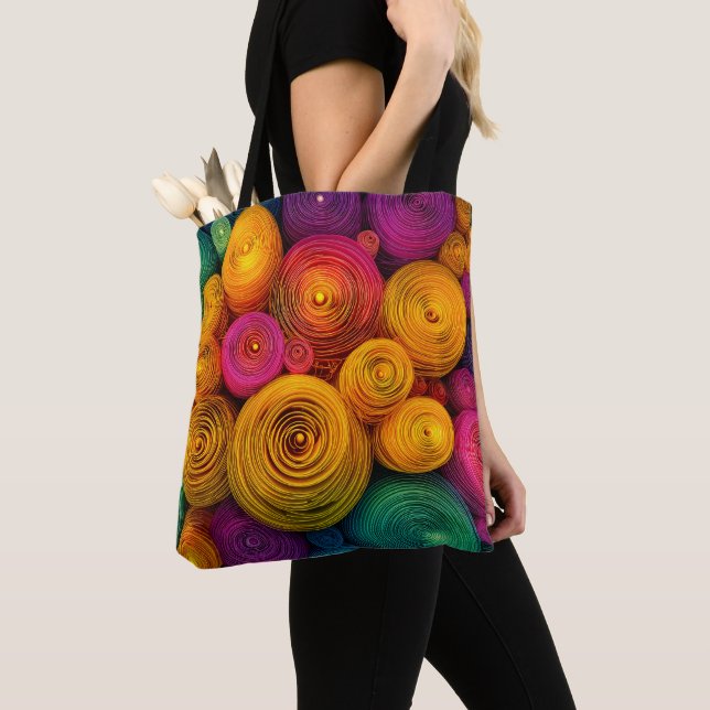 Bolsa Tote Círculos concêntricos multicoloridos textura abstr (Close Up)