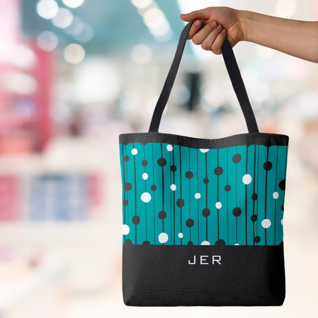 Bolsa Tote Círculos de Abstrato de Monograma Linhas Teto Bran (Monogrammed Initials or Name Abstract Circles Lines Teal Green Black White Canvas Shopping Tote Bag)