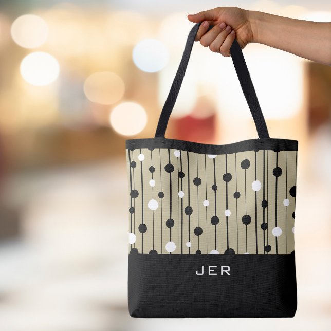 Bolsa Tote Círculos de Monograma Personalizado Listras Preto  (Monogrammed Initials or Name Abstract Circles Lines Black White Brown Canvas Shopping Tote Bag)
