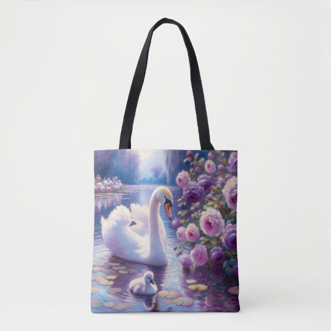 Bolsa Tote Cisne branco e Cygnet com Rosas roxos (Frente)