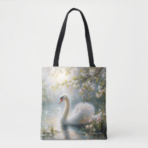 Bolsa Tote Cisne no Lago Arte Floral de Primavera